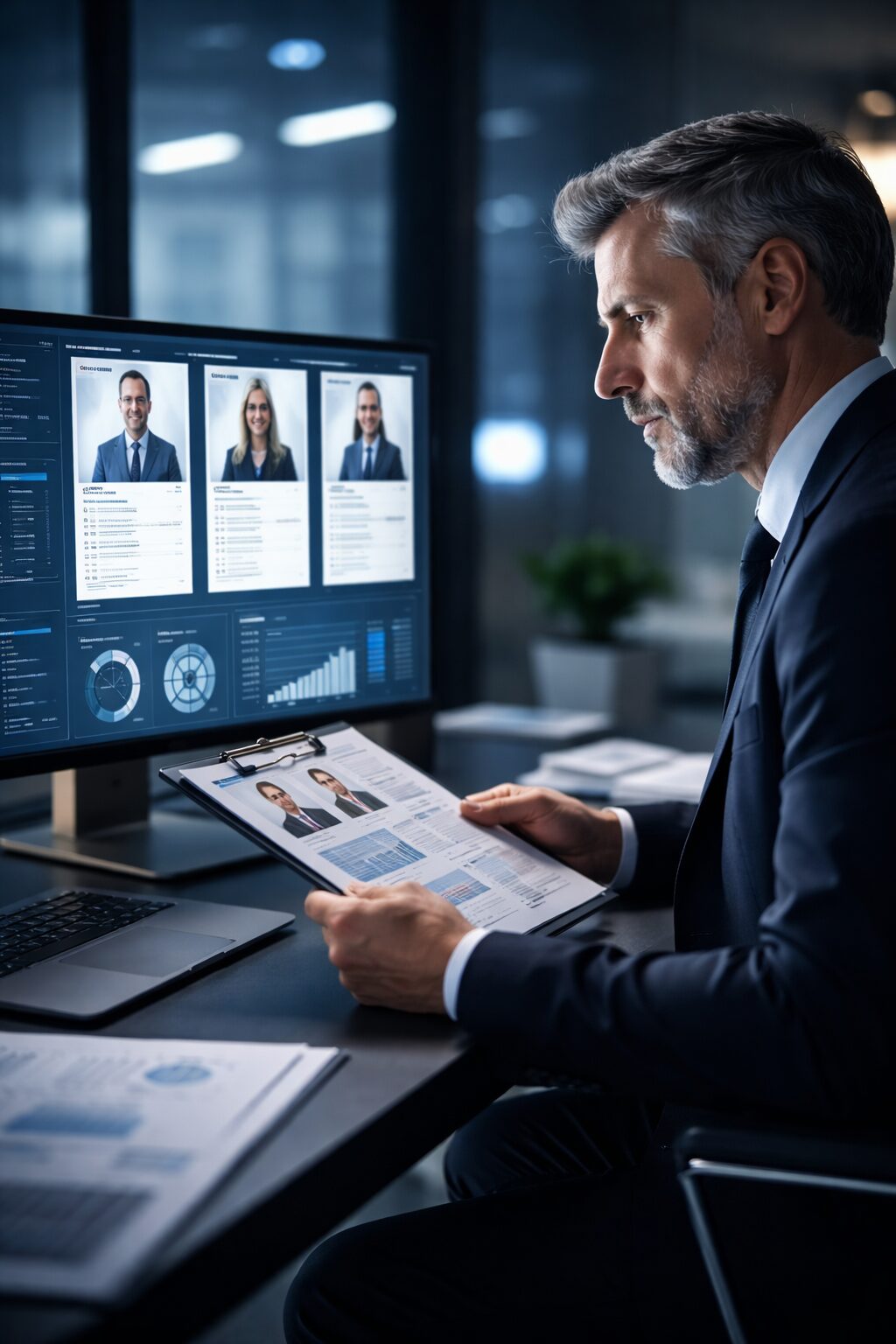 Consultor senior analizando perfiles estratégicos para headhunting y selección de personal