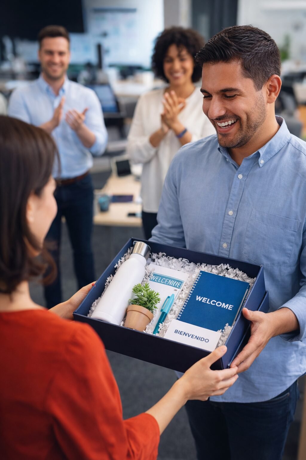 Nuevo colaborador siendo recibido por su equipo el primer día como parte de un programa de onboarding de Talentoría