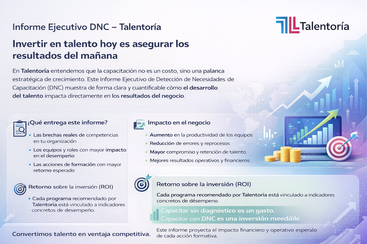 Informe Ejecutivo DNC de Talentoría mostrando retorno de inversión esperado tras la capacitación