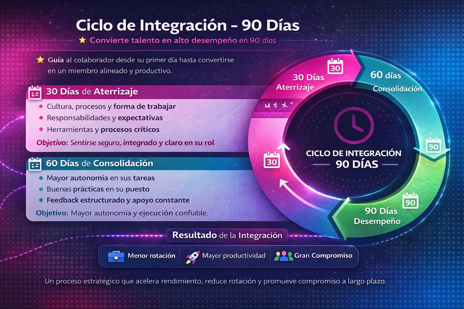 Ciclo de integración de 90 días con hitos de seguimiento mensual