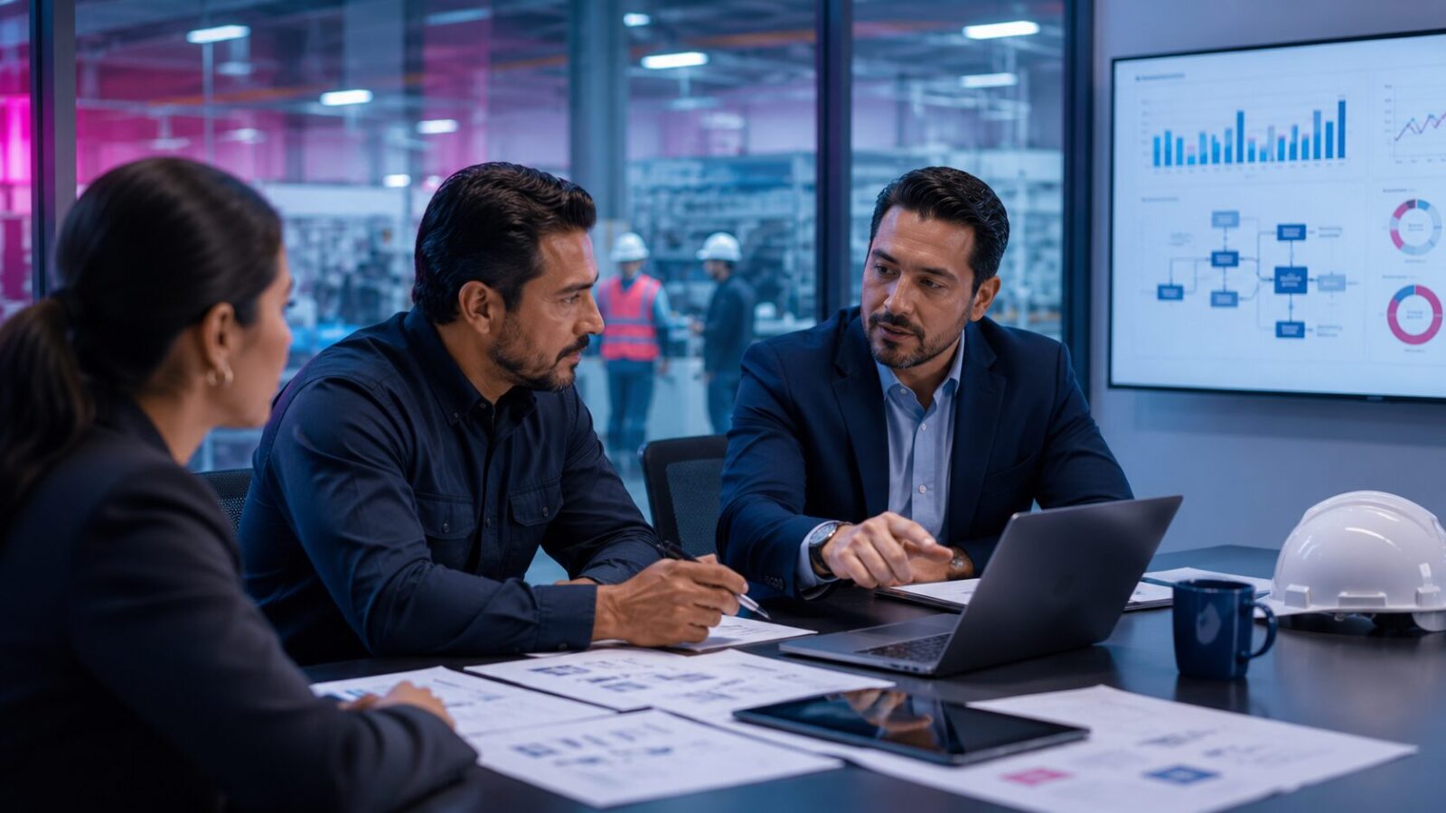 Director de operaciones de Talentoría revisando procesos y KPIs con un gerente de planta