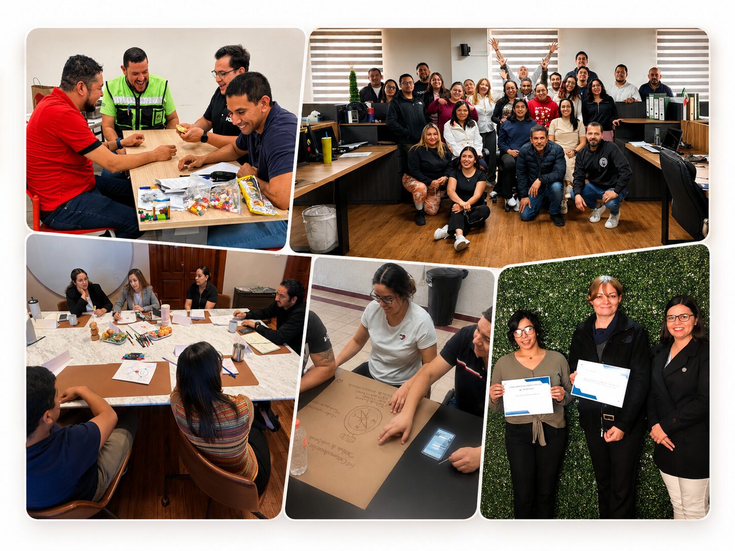 Collage de colaboradores, sesiones de trabajo y logros profesionales de Talentoría