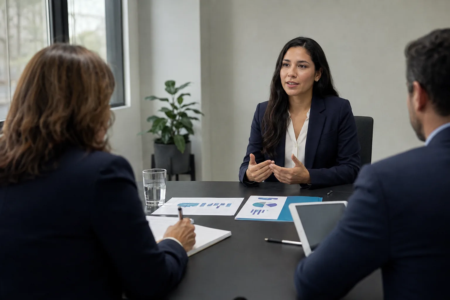 Candidato en entrevista profunda por competencias con dos consultores de Talentoría durante un Assessment Center
