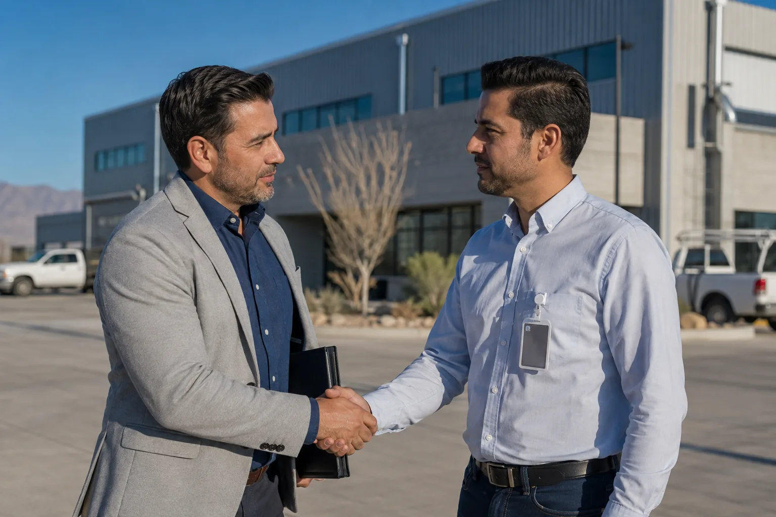 Consultor de Talentoría dando la bienvenida a un gerente recién contratado frente a una planta industrial en Chihuahua