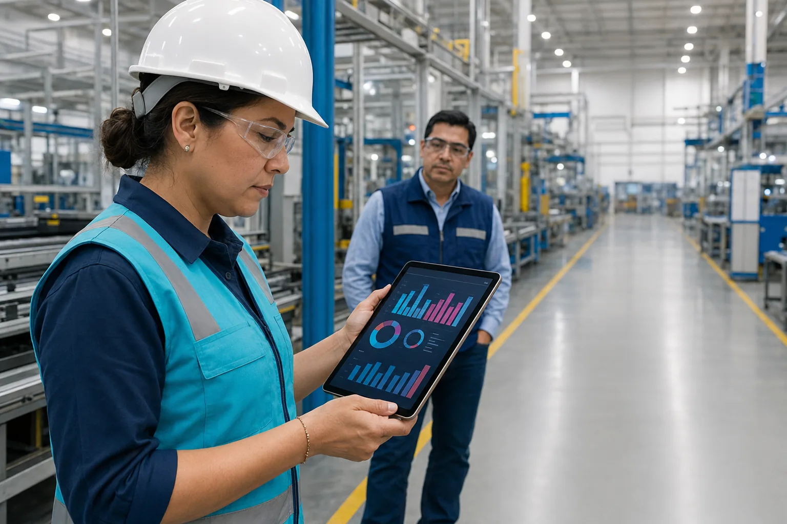 Consultora especialista revisando reportes de cumplimiento NOM-035 en tablet dentro del piso de producción