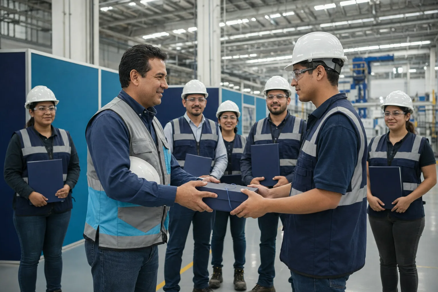 Capacitador entregando el kit de bienvenida a operadores de nuevo ingreso durante la inducción en una planta de Chihuahua