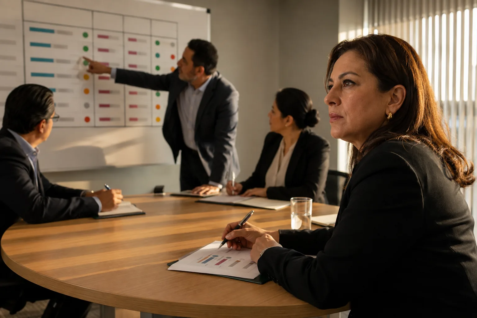 Comité directivo revisando el tablero de objetivos anuales durante el seguimiento a la ejecución del plan
