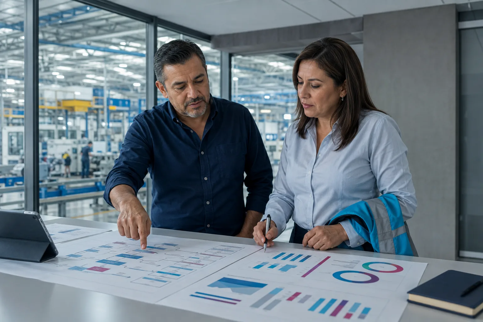 Director de operaciones de Talentoría revisando mapas de procesos e indicadores junto al gerente de planta en Chihuahua